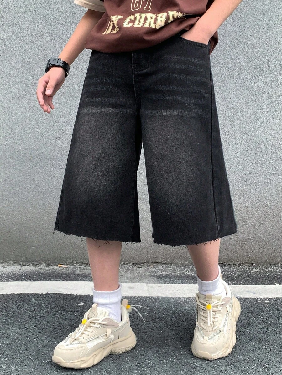 SHEIN Tween Jungen Mode Lässig Y2K Vintage Cool Straße Basic Einfach und Bequem Schwarze Weite Jeans für Alltag, Frühling und Sommer Rave Festival und Streetwear - Schwarz - Übersicht 1