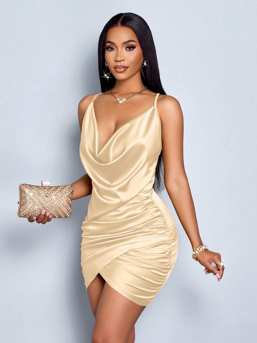 SOLERSUN Elegant Solid Color Draped Collar Backless Ruched Satin Party Bodycon Short Dress - Yellow - View 1