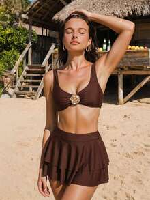 Swim Mod 3件套纯色比基尼泳衣，咖啡色女士泳衣套装，海滩度假休闲百搭裙式泳衣，春夏 - 咖啡棕 - 查看 3