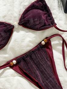 Swim SXY 两件套纹理串珠装饰抹胸比基尼套装，春夏度假性感泳装 - 紫羅蘭色 - 查看 5