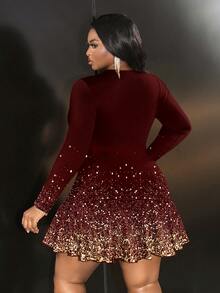 Slaydiva 优雅金色渐变亮片印花休闲修身圆领长袖加大码连衣裙，适合秋冬季派对、圣诞节、新年等场合。 - 紅色 - 查看 2