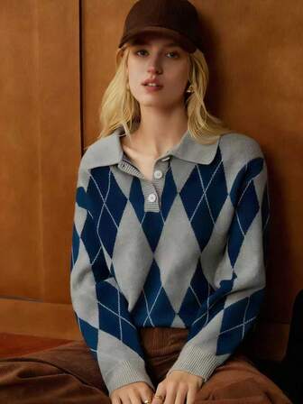 Écloséra 法式复古宽松 Polo 领长袖针织撞色菱形图案半扣设计卡其色女式套头毛衣，秋冬款