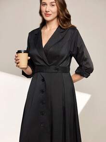 Momelise Plus Size Women Solid Color Lapel NeckRoll-Up Sleeve Single-Breasted Elegant Dress - Black - View 5