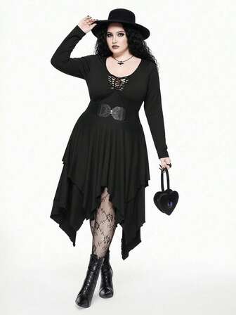 Goth Vestido de manga larga de cuello redondo de unicolor en estilo gótico para tallas grandes