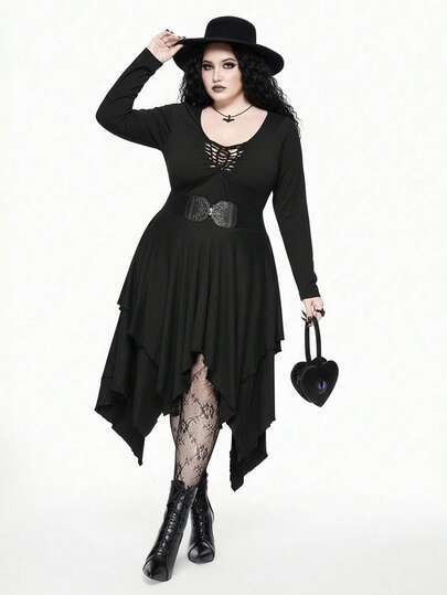 Goth فستان بأكمام طويلة وياقة مستديرة بلون أحادي من الطراز الجوثي للمقاسات الكبيرة