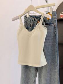 SHEIN Franclia Áo hai dây ren vá màu trơn thanh lịch dành cho nữ - Màu be - Xem 7