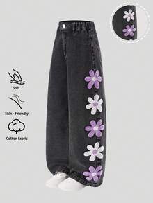 Tween GirlsCasual Basic Comfortable Elegant Fresh Wide Leg Loose Fit Pure White Jeans - Black - View 3