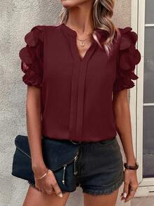 EMERY ROSE Women's Floral Embroidery Notched Collar Shirt For New Year Clothes - Burgundy - View 5