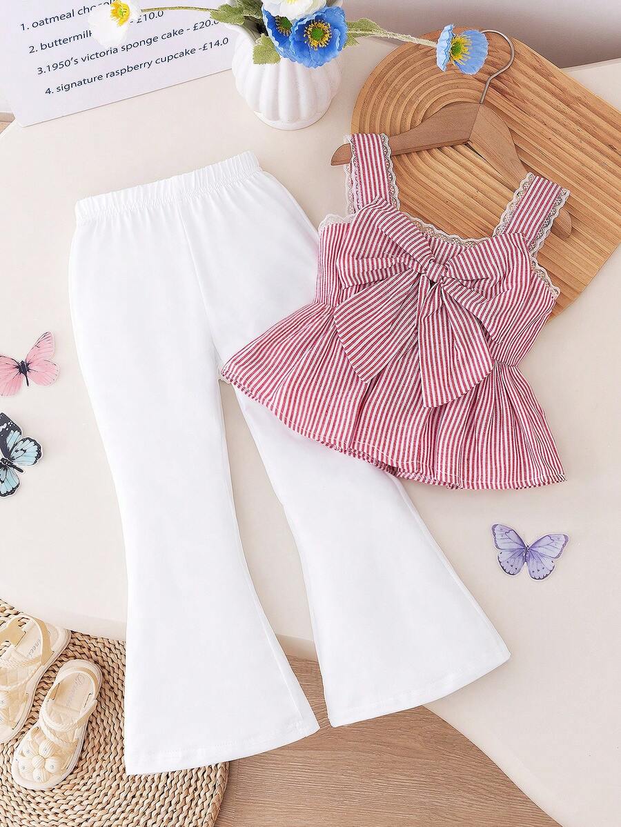 SHEIN Elladie kids 少女时尚套装，大蝴蝶结吊带连衣裙背心+修身喇叭裤，甜美可爱两件套，夏季 - 紅色 - 查看 1