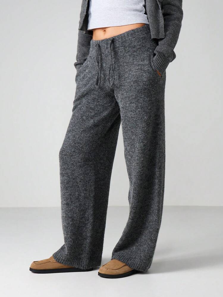 MISSGUIDED Calça Jogger de Perna Larga com Cordão de Tricô, Ajuste Relaxado e Detalhes de Barra Canelada para Roupa de Descanso Casual