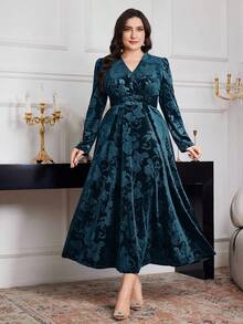 Modelyn 大码女式花卉提花V领泡泡袖优雅连衣裙长款晚礼服 - 綠色 - 查看 7