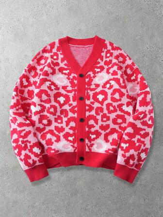 Herren Lässiger Alltags Leoparden Muster Knopfleiste Drop-Shoulder Pullover, Herbst/Winter