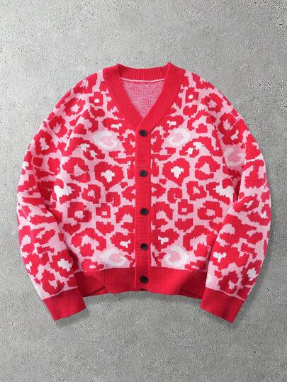 Maglione casual da uomo con stampa leopardata, bottoni frontali e spalle scese, adatto per l'autunno/inverno