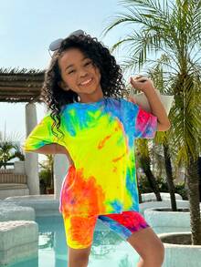 SHEIN Young Girl's Daily Casual Tie-Dye Round Neck Short Sleeve T-Shirt And Shorts Set Multicolor Teen Girls Setscolorful Outfit For Kids - Multicolor - View 4