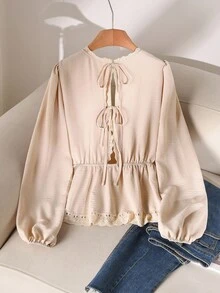 CosyJoli Blusa de moda con cuello en V, mangas farol, lazo en la espalda y dobladillo con volantes para mujer de talla grande - Albaricoque - Ver 7