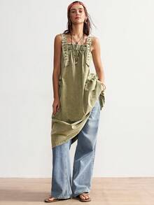 Bohemela Váy dài ngang gối dệt trơn màu đơn giản dành cho nữ - xanh quân đội - Xem 6