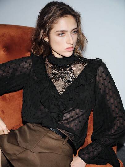 Lumivelle Valentine's Day Women's Black Chiffon Semi-Sheer Polka Dot Turtleneck Lace Patchwork Ruffle Hem Long Sleeve Blouse, Delicate Vintage Elegant Everyday Wear And Commute Outfit, Unique Designer Piece With Soft, Lightweight And Refined Aesthetic Black Lace Shirt Lace Blouse Black Mesh Top Sheer Blouse
