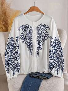 GlowEve Áo sơ mi tay dài cổ tròn in họa tiết thanh lịch dành cho nữ - trắng - Xem 3