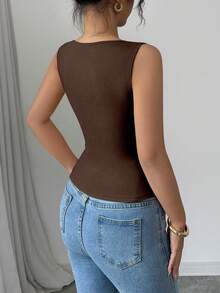 Selianne Damen elegantes, lässiges Trägertop mit quadratischem Ausschnitt und figurbetonter Passform, Sommer - Kaffeebraun - Übersicht 2