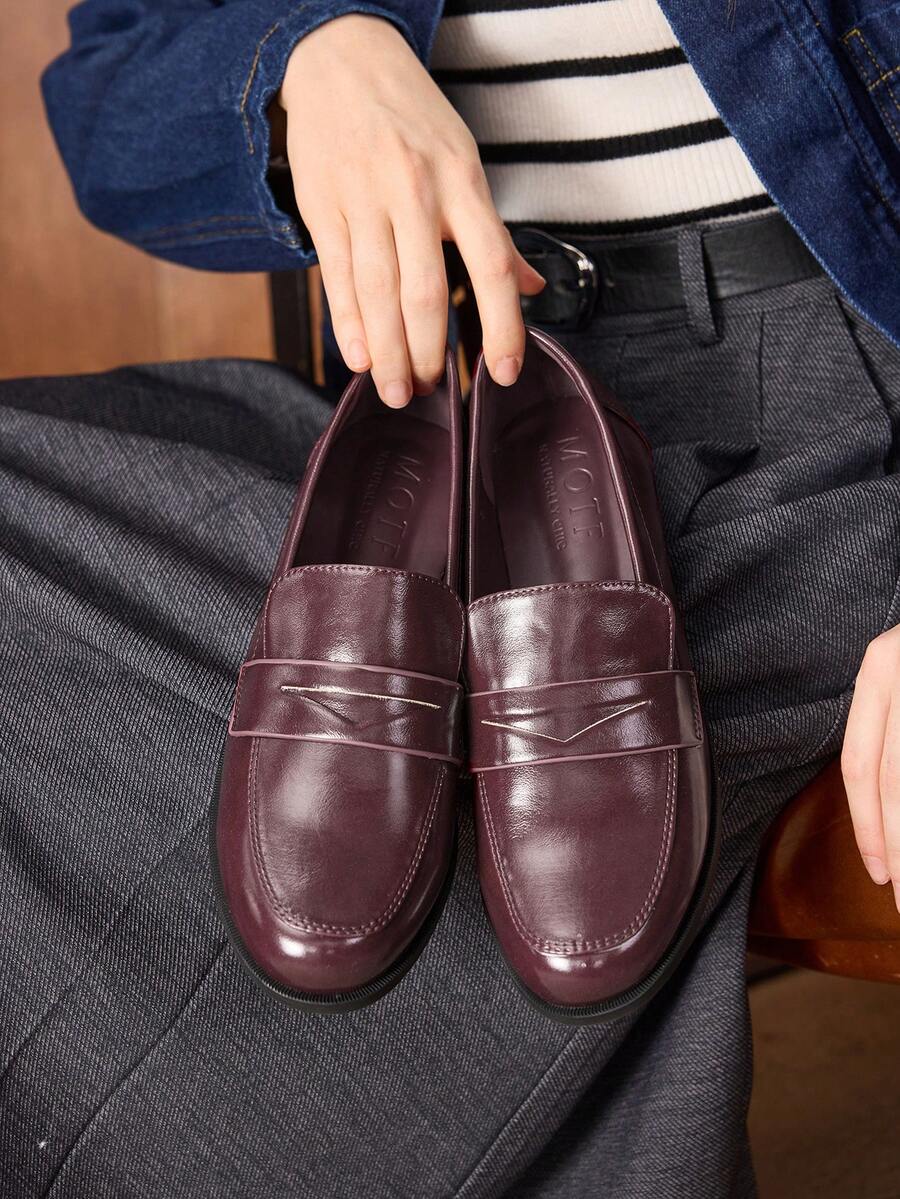 MOTF PREMIUM WOMEN PU LEATHER ROUND TOE LOAFERS SHOES VALENTINE'S DAY - Burgundy - View 1