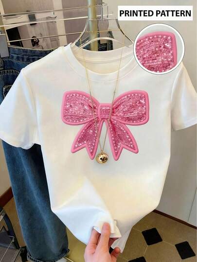 Camiseta de mujer de verano con estampado de mariposa oversize casual con detalle de moño