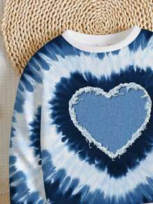 2pcs Tween Girls Casual Fashionable Tie Dye Blue Heart Print Sweatshirt And Leggings Set, Comfortable Fit, Suitable For Autumn/Winter Sweat Sets Tweens Comfy Girls Blue Sets Sumwon