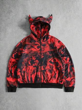 Sudadera holgada con cuello alto, cremallera y estampado completo de moda casual de calle para hombres, con orejas de diablo, para primavera/otoño