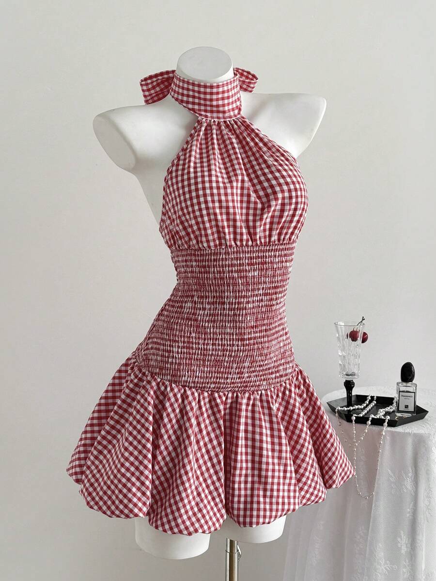 Elamini 红白格子面料腰部系带露背吊带泡泡荷叶边迷你连衣裙，女士春夏秋季时尚简约休闲通勤毕业返校教师优雅日常约会外出 - 紅白色 - 查看 1