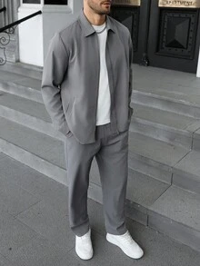 Manfinity CasualCool Plus Size Men's Casual Everyday Commute Simple Solid Color Zip-Up Jacket And Pants Set Mens Two Piece Set Mens 2 Piece Leisure Suits Mens Co-Ord Set Men 2 Piece Set Grey Outfit Men