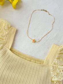 Tween Girls' Solid Light Yellow Casual Vacation Home Patchwork Embroidery Lace Trim Textured Knit Fitted Cropped Square Neck T-Shirt - Yellow - View 3