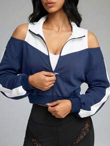 Innovista Contrast Color Splice Off-Shoulder Cropped Sports Jacket Women's Navy White Colorblock Cropped Knit Sports Jacket Zip Up Loose Fit Baggy Workout Top With Shoulder Cut Out Design Lightweight Fall Athleisure Running Cycling HIIT Office To Gym Daily Casual Oversized Hip Hop Relaxed Style Blouse Gym Blouses For Women Royal Blue Top Navy Blue Top