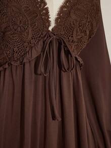 SHEIN ICON Váy mini ren chắp vá màu trơn cỡ lớn cho nữ mùa thu - màu nâu - Xem 7