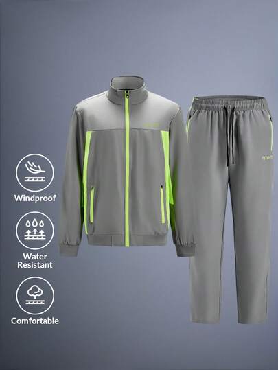 Driftmere 男士拼接立领长裤，带拉链口袋，撞色设计，休闲运动字母印花，百搭日常穿着，适合春夏秋冬。