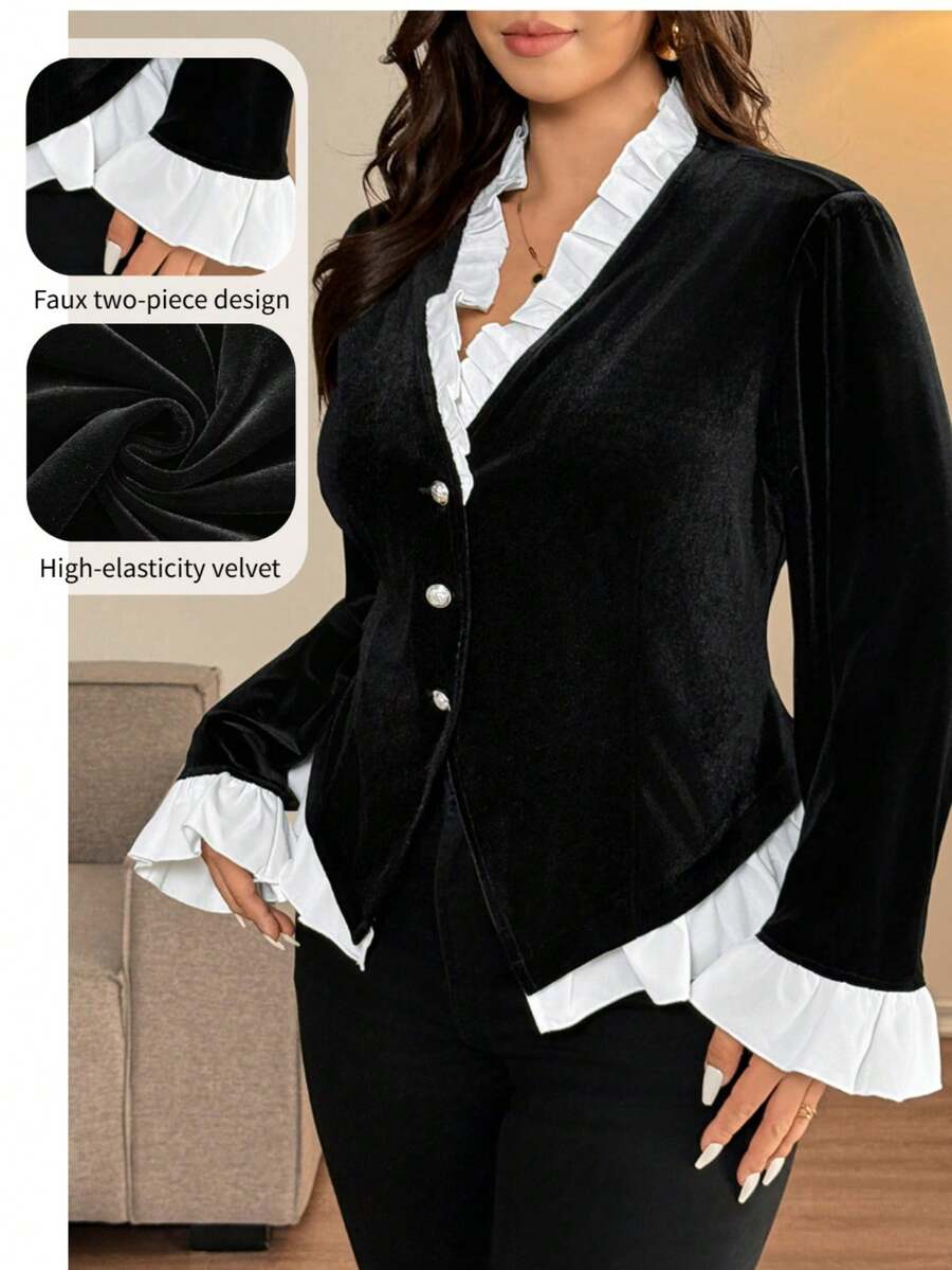 Vionelle Women's Velvet Contrast Ruffle Trim Elegant Metal Button Shirt,Black And White Autumn 2 In 1 Formal Blazer Plus Size Office Wear Professional Top - Black and White - View 1