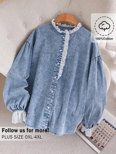 CosyJoli Plus-Size Women's Autumn And Winter Shirts, Button-Down Tops, Denim Washed Shirts, Cute Lace Shirts, Casual Women's Clothing, Girls' Clothing, Lantern-Sleeve Shirts