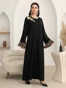 Al Najma High-End Minimalist Black Turkish Maxi Dress With Leopard Print Patchwork Design, Loose And Slimming Kaftan Jalabiya Dress - Black - View 6