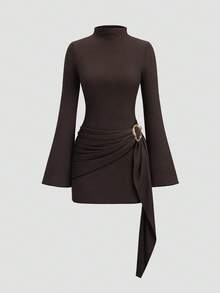 INAWLY Đầm dự tiệc và công sở tay loe cổ đứng màu trơn cỡ lớn cho nữ - màu nâu - Xem 1