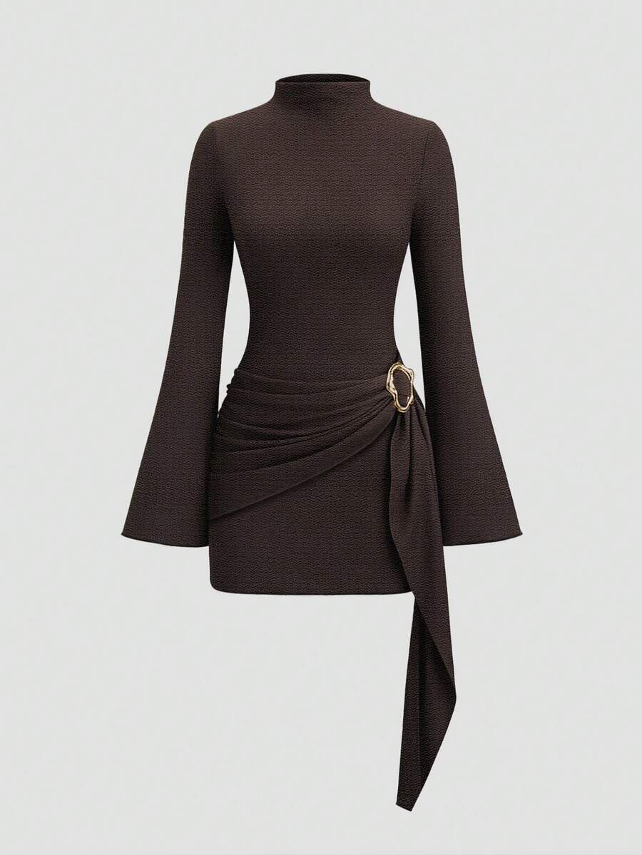 INAWLY Đầm dự tiệc và công sở tay loe cổ đứng màu trơn cỡ lớn cho nữ - màu nâu - Xem 1