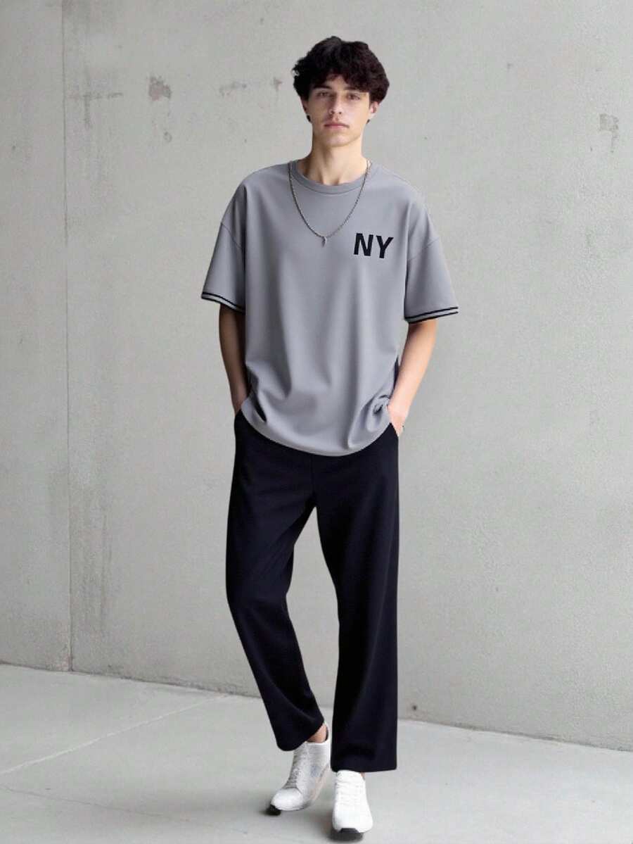 Vacaura 两件套青少年(男童)灰色短袖T恤搭配休闲长裤,百搭春夏秋季装扮 - 灰色 - 查看 1
