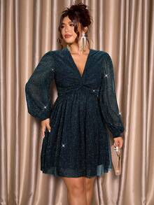 Cravure Gaun Wanita Ukuran Besar Model Plus Size dengan Leher V dan Desain Berkerut, Lengan Lentera, untuk Liburan atau Pesta. - Teal Blue - View 4