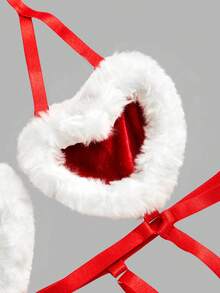 3 件套圣诞老人兔女郎内衣套装，包括带心形罩杯的泰迪熊、吊袜带、颈链和头饰，女士性感服装 - 紅色 - 查看 4