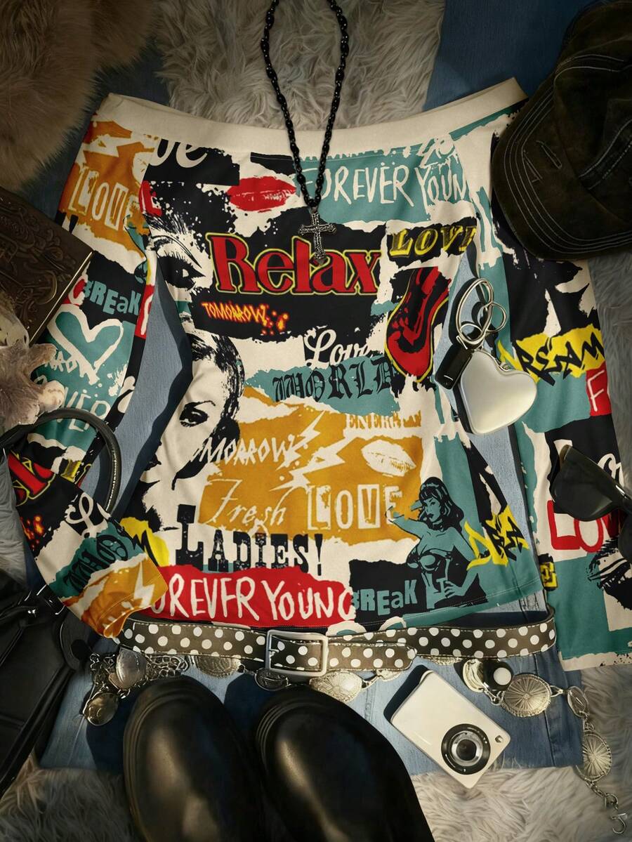 IslaSuriya Y2K Street Style Print Graphic T-Shirt Long Sleeve Shoulder Off Tops Tee Night Out Concert White Fall - Multicolor - View 1