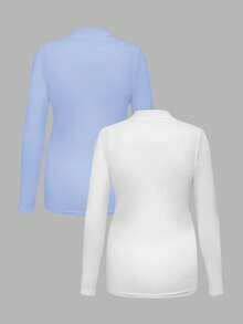 Modmama Maternity Solid Color Stand Collar Long Sleeve Pleated Casual Versatile T-Shirt - Blue - View 2