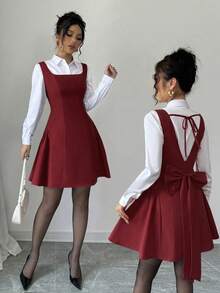 SHEIN Raffinéa 女士红色蝴蝶结装饰连衣裙，冬季新年 - 酒紅色 - 查看 2