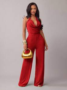 Radiana Women's Sexy & Elegant Red Plunging Neck Jumpsuit, Suitable For Dates, Gatherings, Parties, Nightclubs, Carnivals, Valentine's Day,Spring To Summer, - Red - View 2