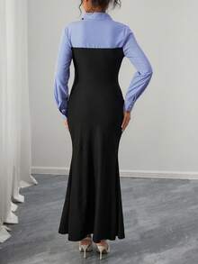 Momance 孕妇连衣裙衬衫长袖衬衫领前开襟纽扣上衣梭织条纹下摆针织修身鱼尾裙 - 彩色 - 查看 2