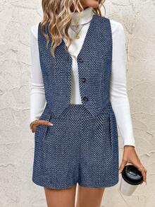 SHEIN Clasi 2pcs/Set Women Wool Blend Vest + Shorts Suit For Commuting, Autumn/Winter - Blue - View 6