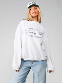 MISSGUIDED Sudadera de cuello redondo de manga larga con estampado de salud y bienestar del Country Club, de punto jaspeado, casual para otoño e invierno, de uso diario - Gris Claro - Ver 3