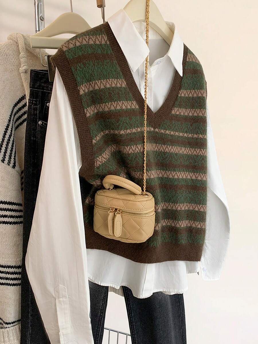 SHEIN Áo Ghi Lê Len Dệt Kim Rời Cổ Chữ V Sọc Phối Màu Hình Học Thường Ngày Cho Nữ, Thích Hợp Cho Hàng Ngày, Đi Làm Và Đi Học, Mùa Thu / Đông - Nhiều màu - Xem 1