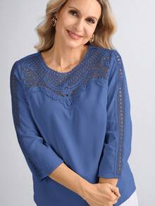 Miaspire Guipure Lace Insert Women's Casual Vacation Blouse, Spring/Summer Mothers Day Gift For Mom - Blue - View 5
